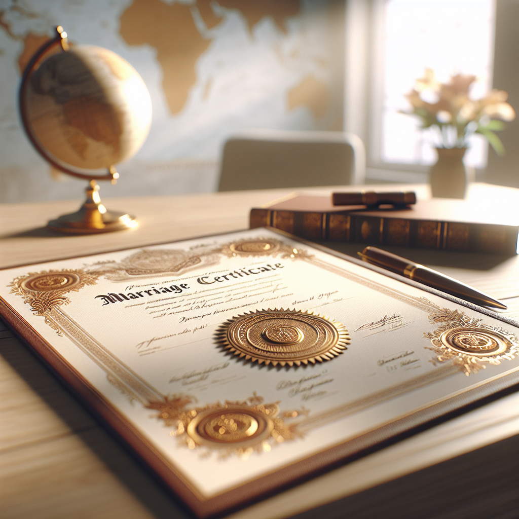 An apostille marriage certificate displayed on a wooden desk with an official seal and softly lit background.