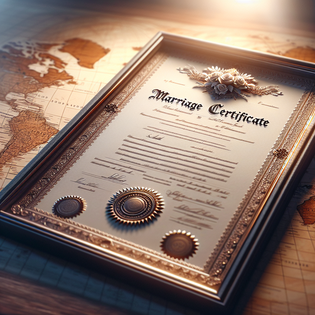 A marriage certificate displayed with a background of a world map.