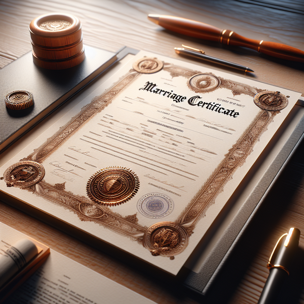 A marriage certificate on a wooden table with a seal and pen.