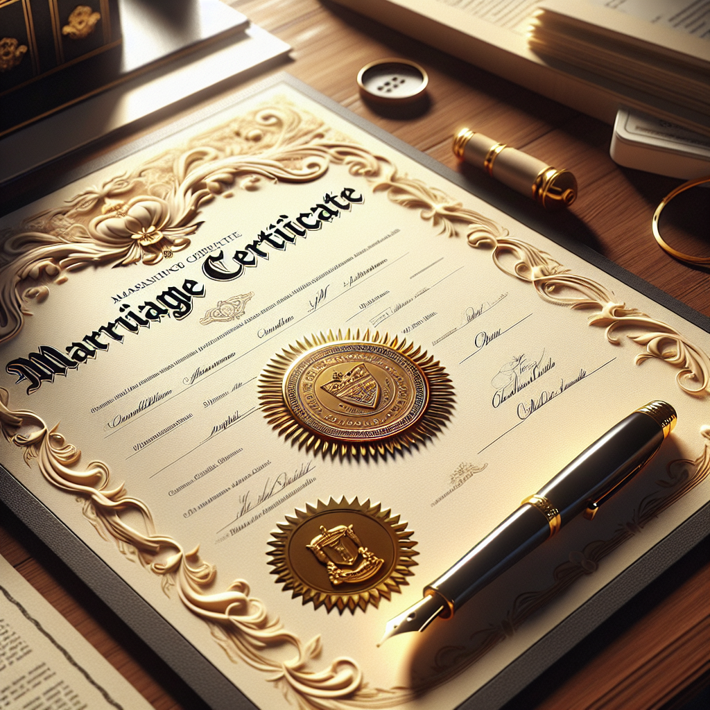 A realistic depiction of an apostille marriage certificate on a wooden desk.