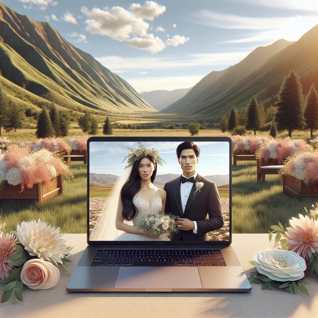 A serene Zoom wedding scene in Utah with a couple on a laptop outdoors.