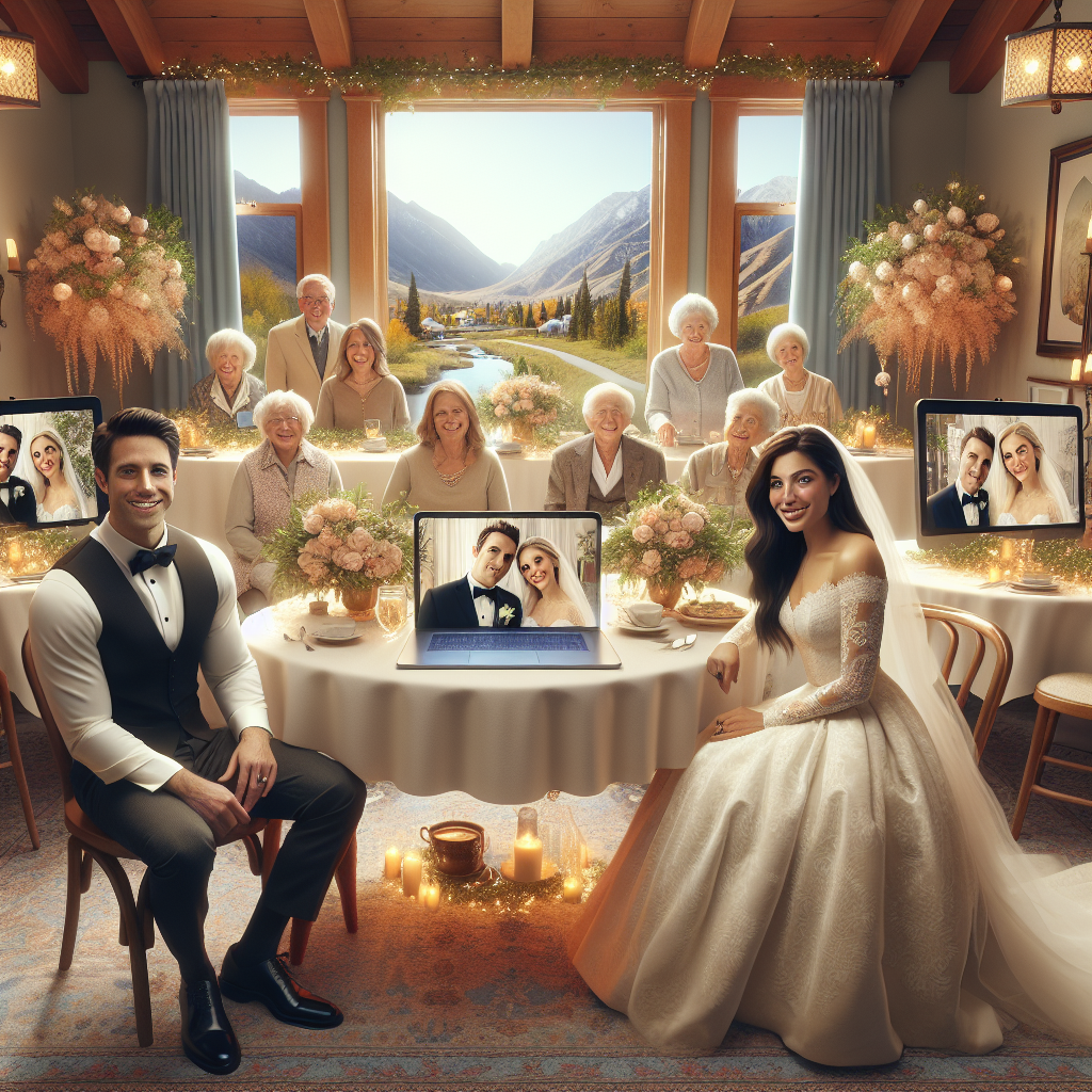 A cozy Zoom wedding setup with a couple on a laptop screen surrounded by diverse family members.