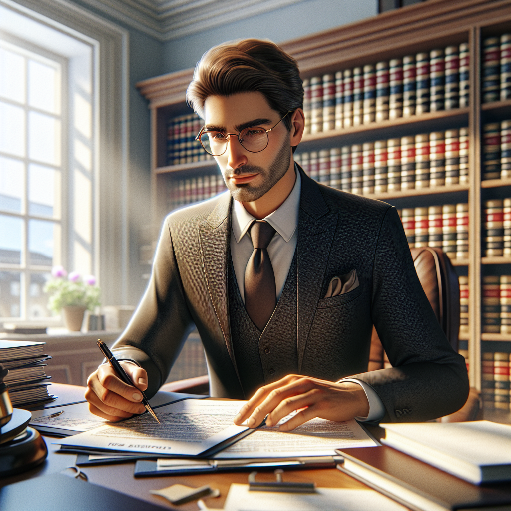 A professional Israeli attorney reviewing legal documents in his office.