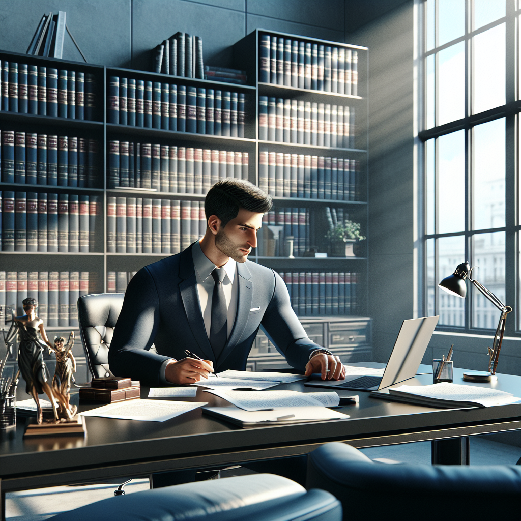 An Israeli lawyer assisting clients in a modern office with legal documents.