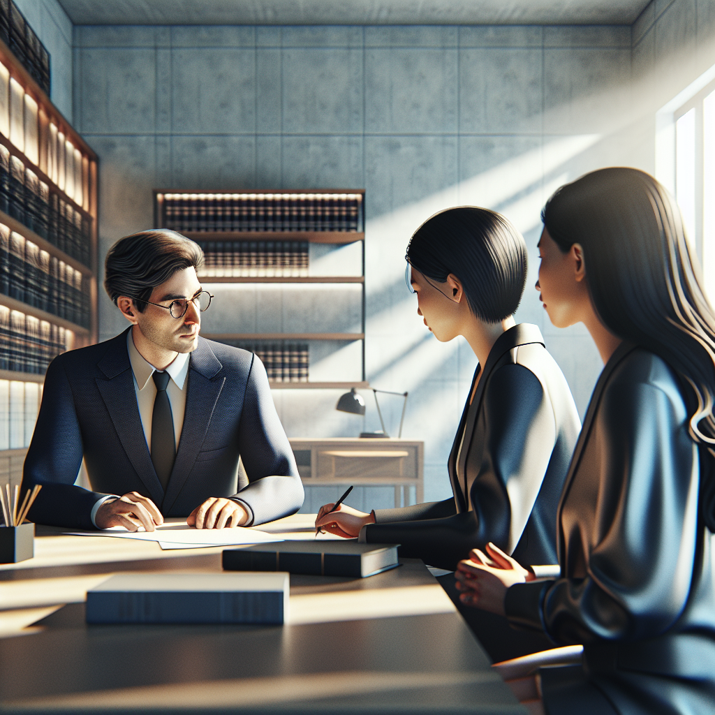 A diverse group consulting a lawyer in a modern office.