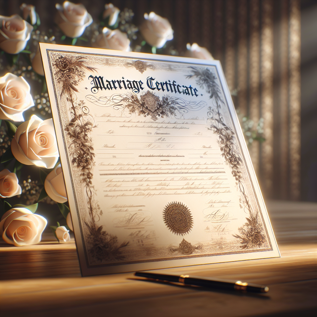 A marriage certificate displayed on a wooden table with a blurred bouquet of white roses in the background.
