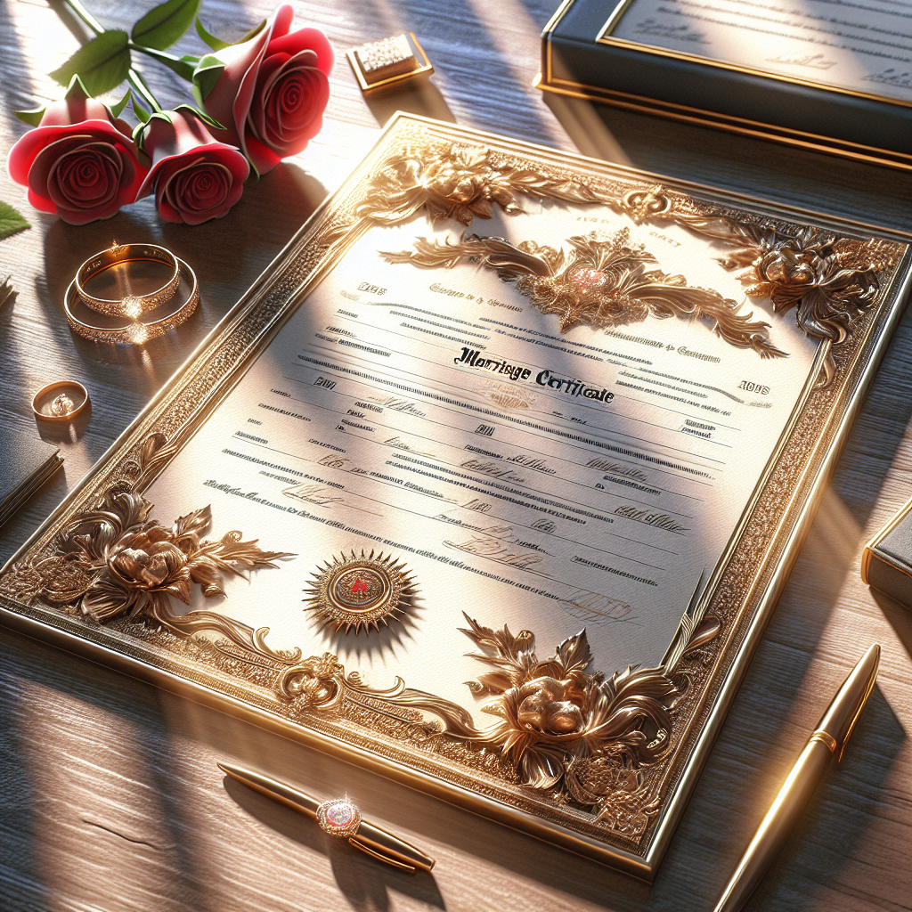 A marriage certificate displayed on a wooden desk with roses and an engagement ring.
