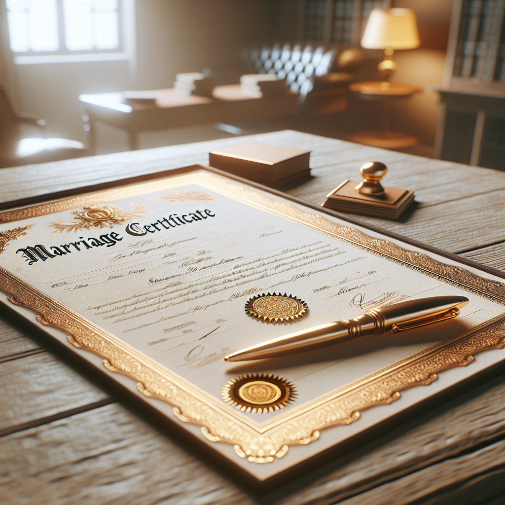 A marriage certificate resting on a wooden table with a gold pen beside it.