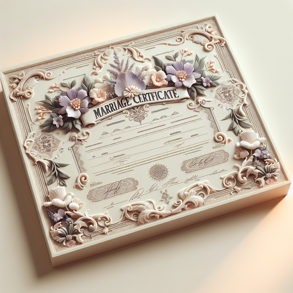 A beautifully designed marriage certificate with floral motifs and ornate calligraphy.