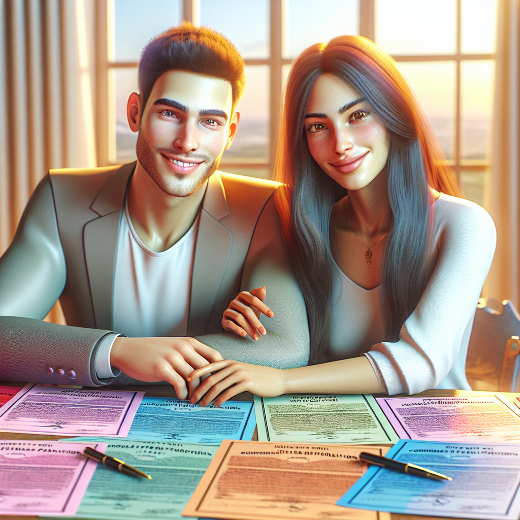 A young couple sitting at a table with legal documents, smiling at each other.