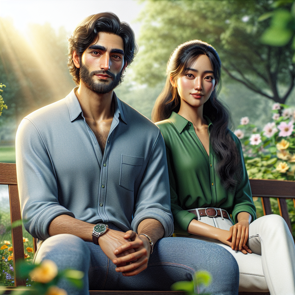 A Middle-Eastern man and an Asian woman sitting together on a park bench surrounded by flowers and trees, symbolizing a common-law partnership.