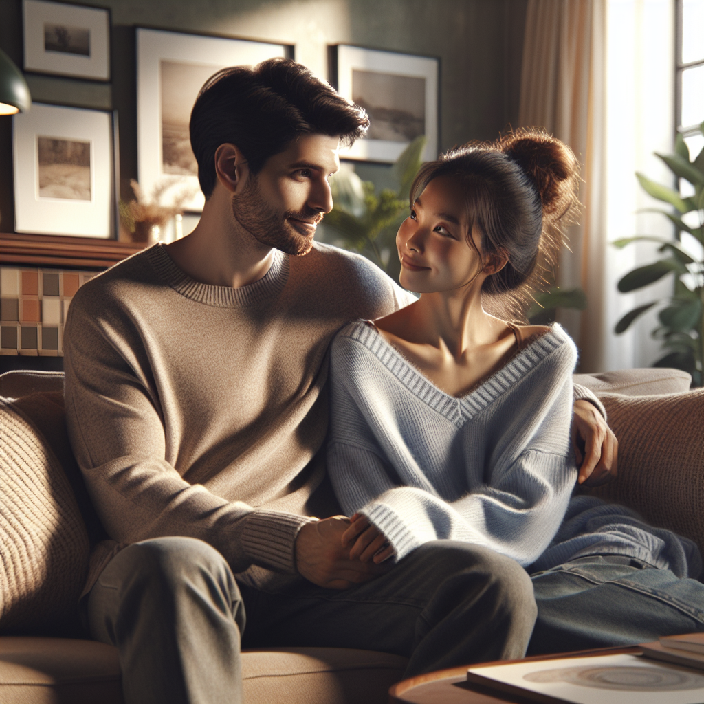 A man and a woman sitting together in a cozy living room, smiling at each other.