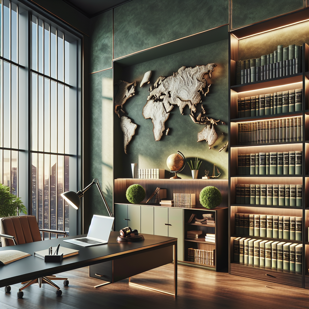An immigration lawyer's office with a modern desk, legal books, and a city skyline view.