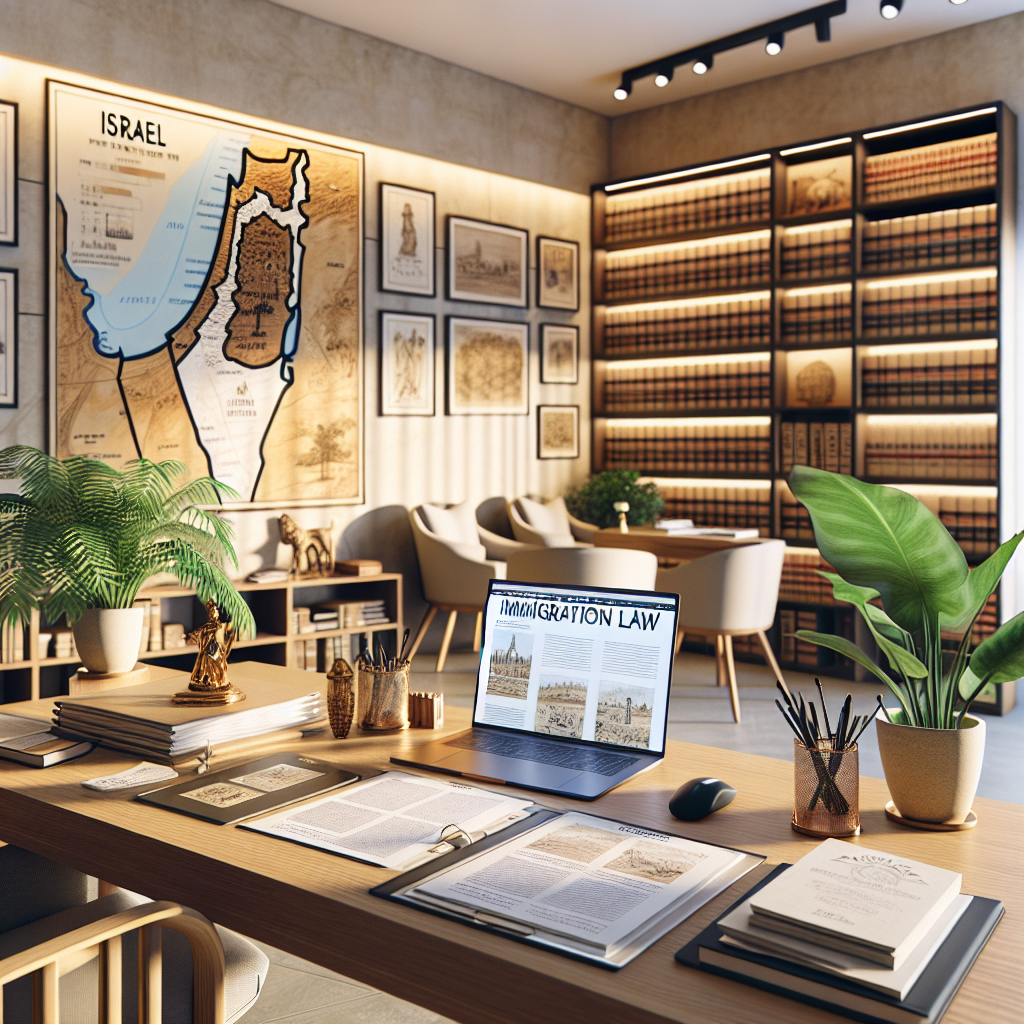 An immigration law office in Israel with a modern desk, legal documents, and a map of Israel.