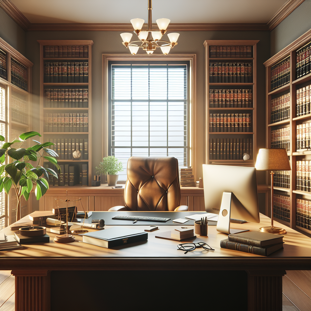 A lawyer's office setting with a desk, legal documents, and books.