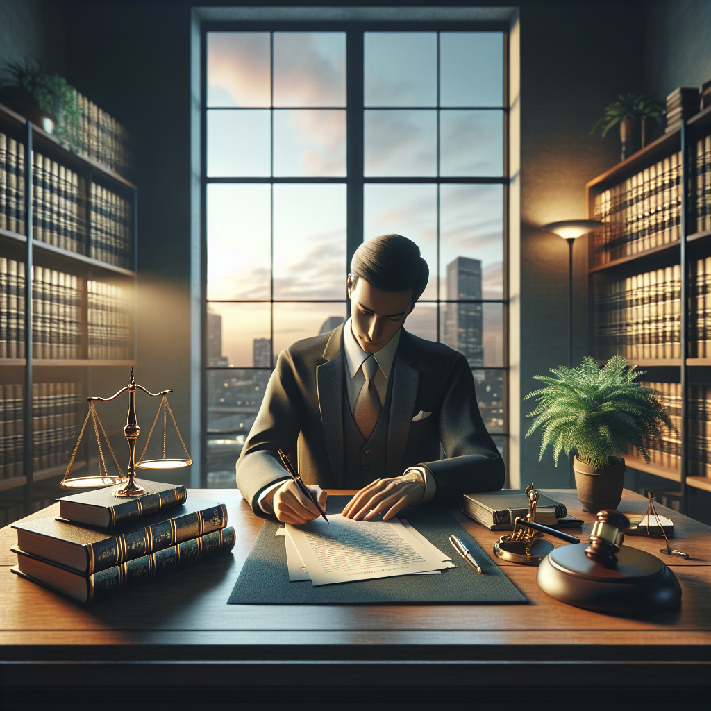A lawyer's office symbolizing legal guidance with a wooden desk, legal books, and a cityscape view.