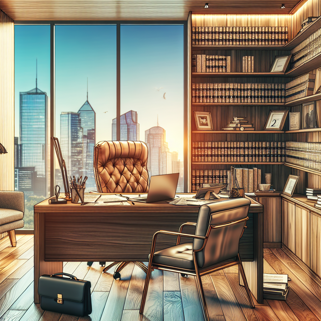 A realistic depiction of a lawyer's office with a desk, documents, and a city skyline outside.