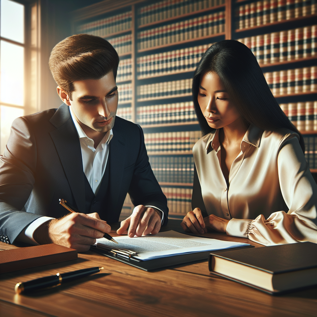 A lawyer assisting common-law partners in an office setting.