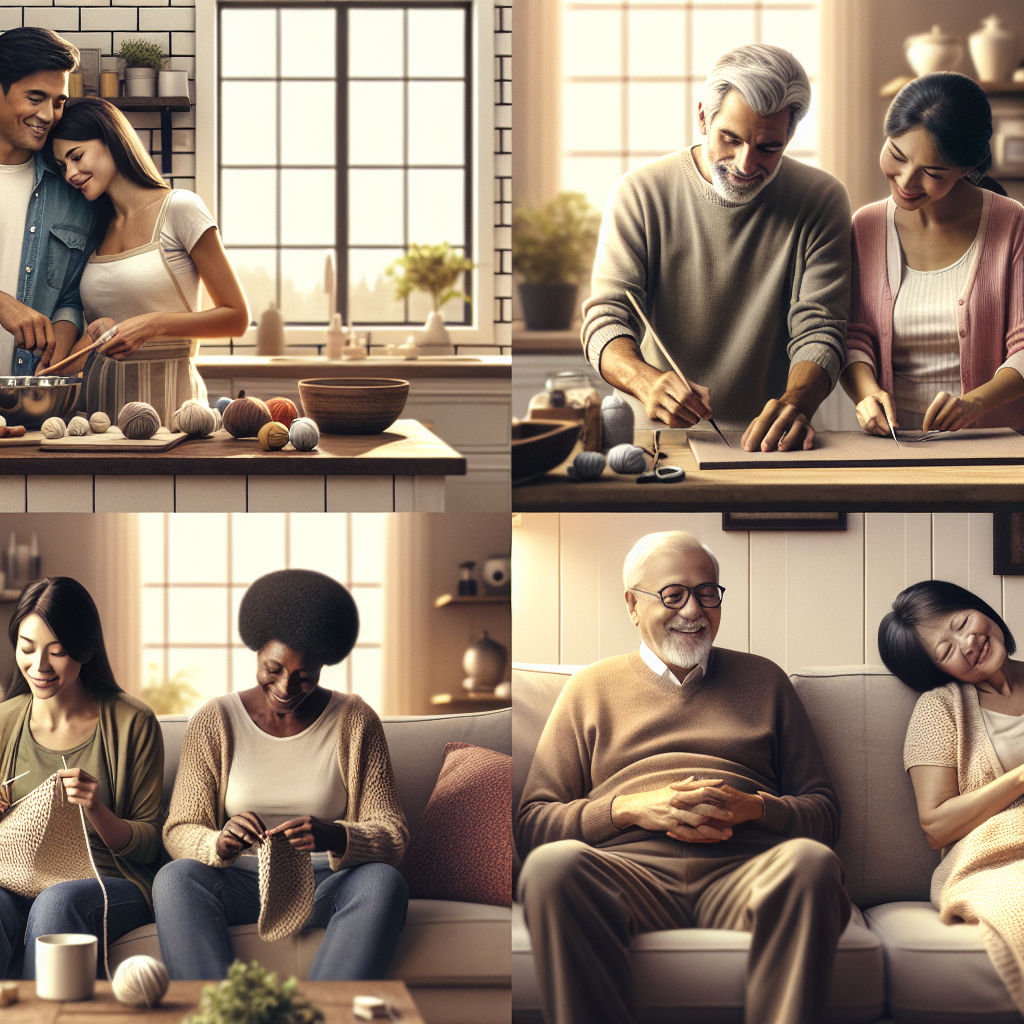 Couples engaging in activities at home representing love and partnership.