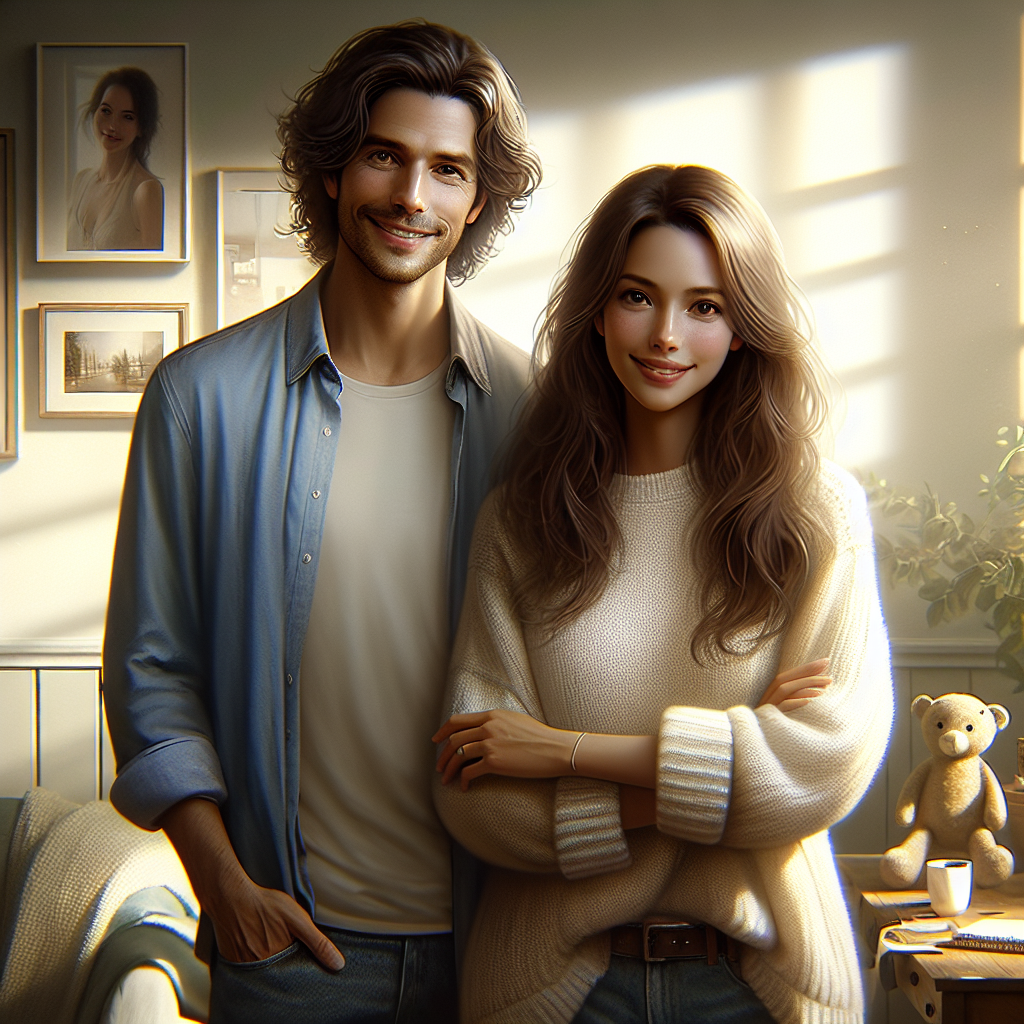 A man and a woman standing together in a cozy home, surrounded by personal elements reflecting a long-term relationship.