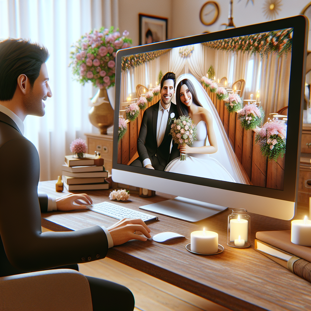A virtual wedding ceremony over Zoom featuring a couple in wedding attire.