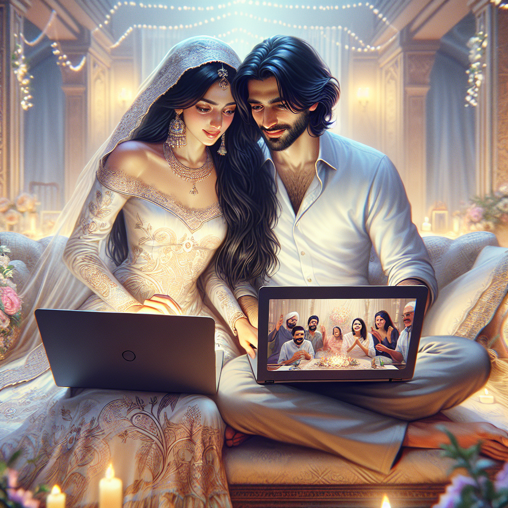 A couple celebrating a remote marriage via Zoom in a cozy room.
