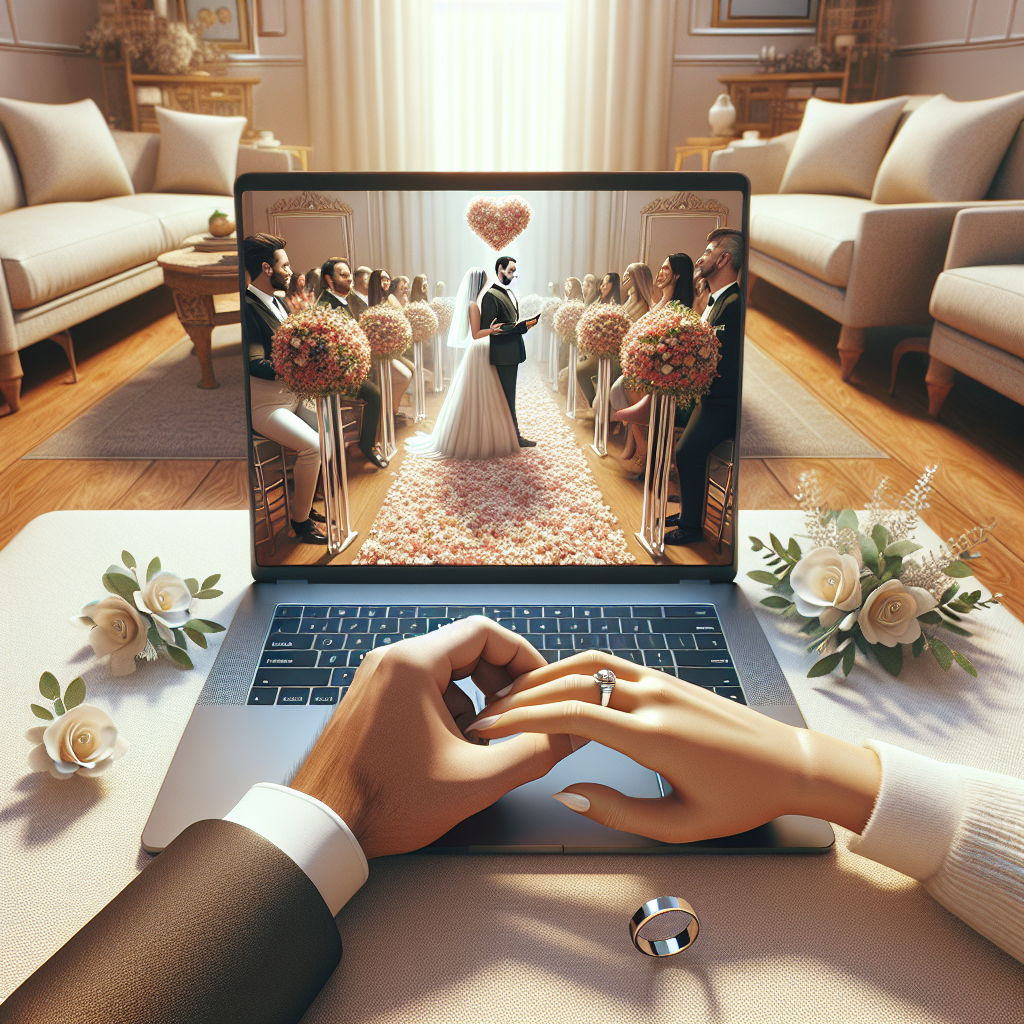 A cozy living room with a laptop showing a wedding ceremony, depicting two joined hands symbolizing connection.