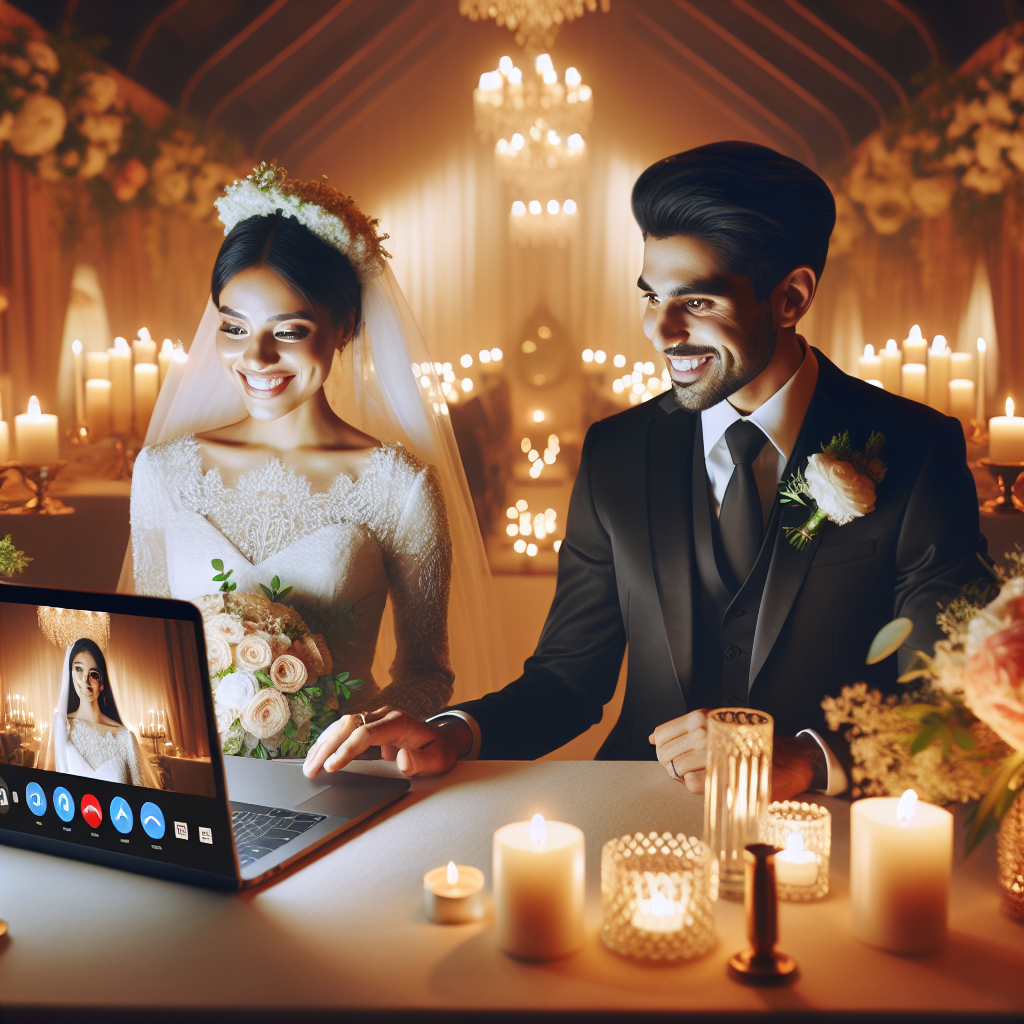 A couple participating in a virtual marriage ceremony via Zoom.
