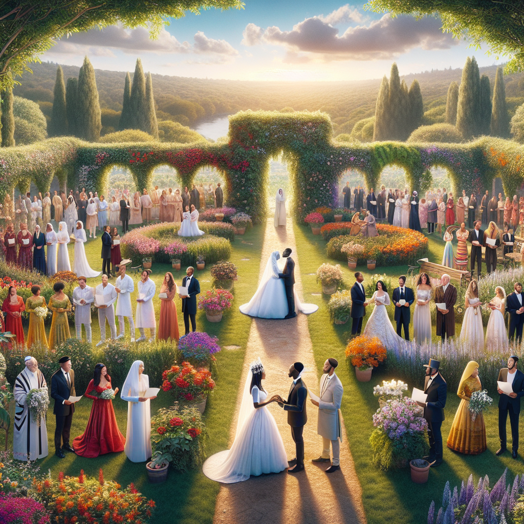 A wedding ceremony in a garden in Israel with diverse couples holding marriage certificates.