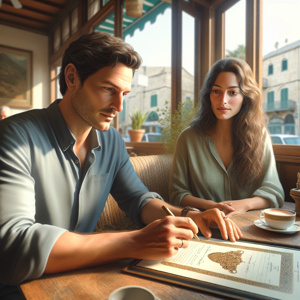 A couple discussing documents at a café in Israel.