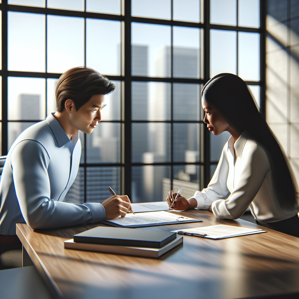 A couple in an office discussing their marriage certification process.