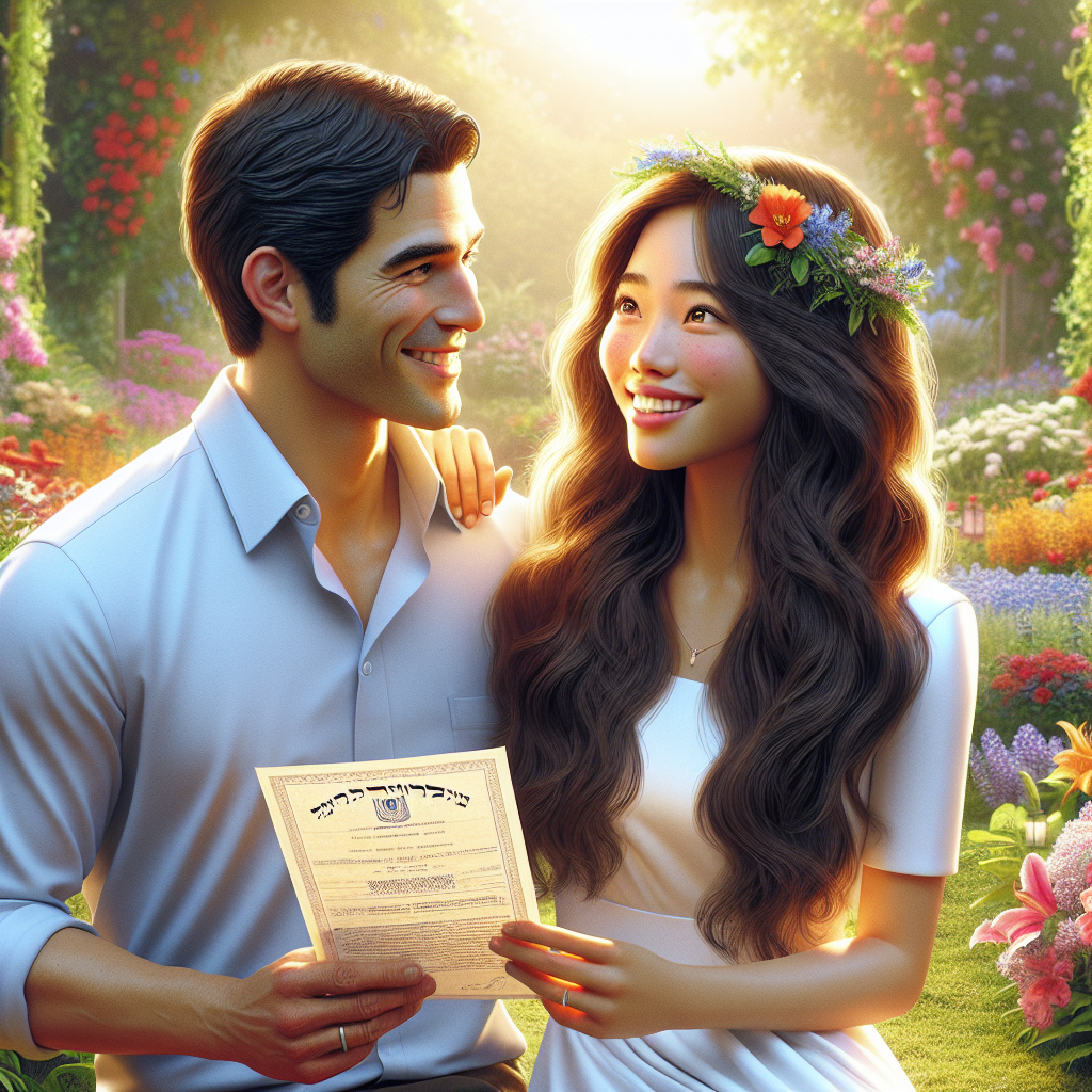 A couple happily holding their marriage certificate outdoors in a colorful garden in Israel.