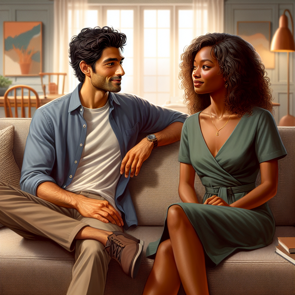 A couple sitting in a cozy living room, representing a common-law relationship.