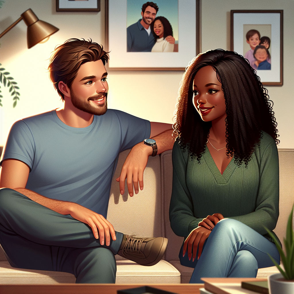 A common-law couple sitting together on a couch in a warm living room.
