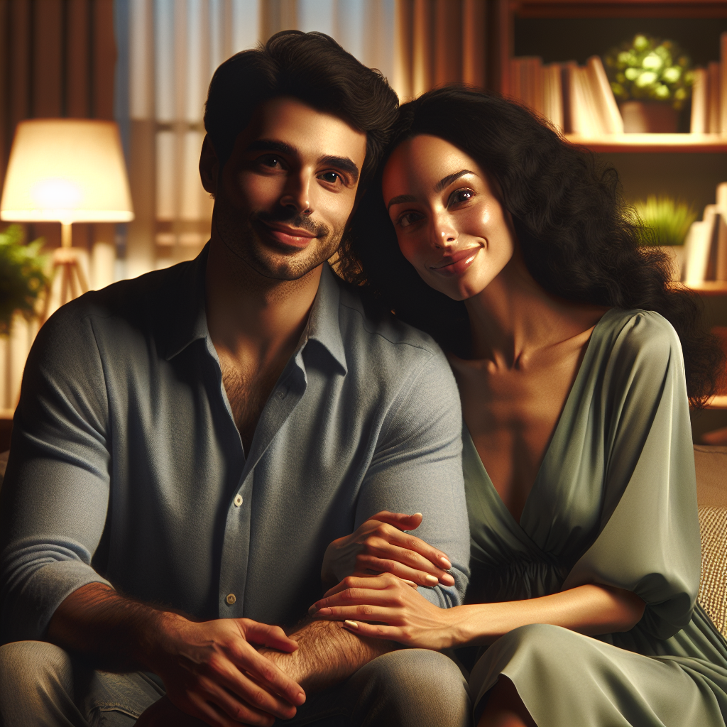 A common-law couple sharing a tender moment on a couch in a cozy home setting.