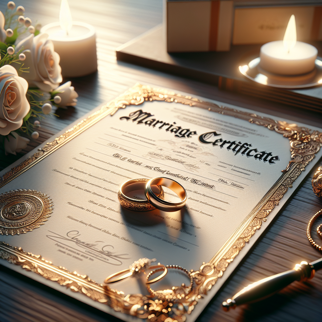 A marriage certificate on a wooden table with wedding rings and roses.