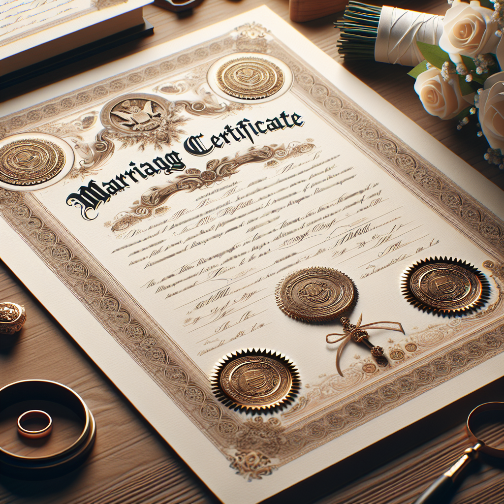 A marriage certificate displayed on a wooden table with a wedding ring and flowers.