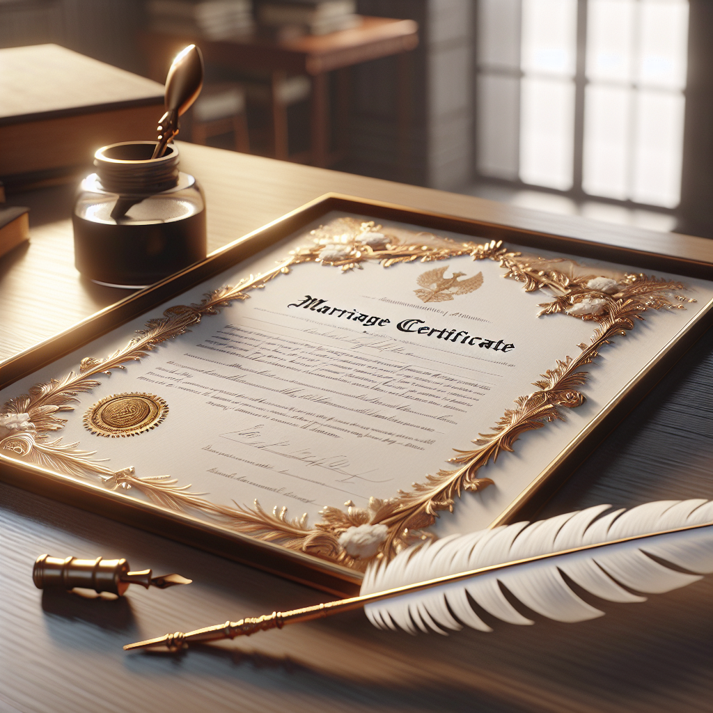 A marriage certificate on a desk with a quill and ink bottle.