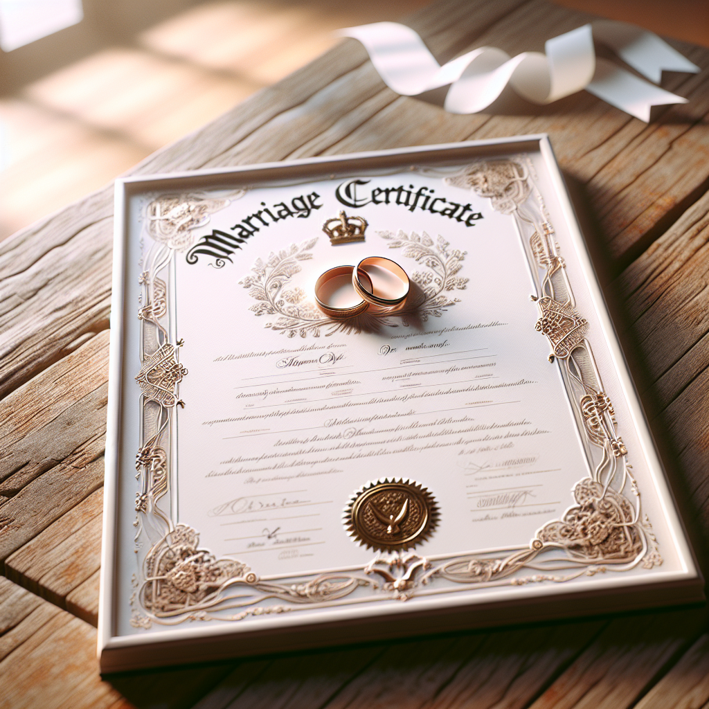 A marriage certificate on a wooden table with an Israeli flag in the background.