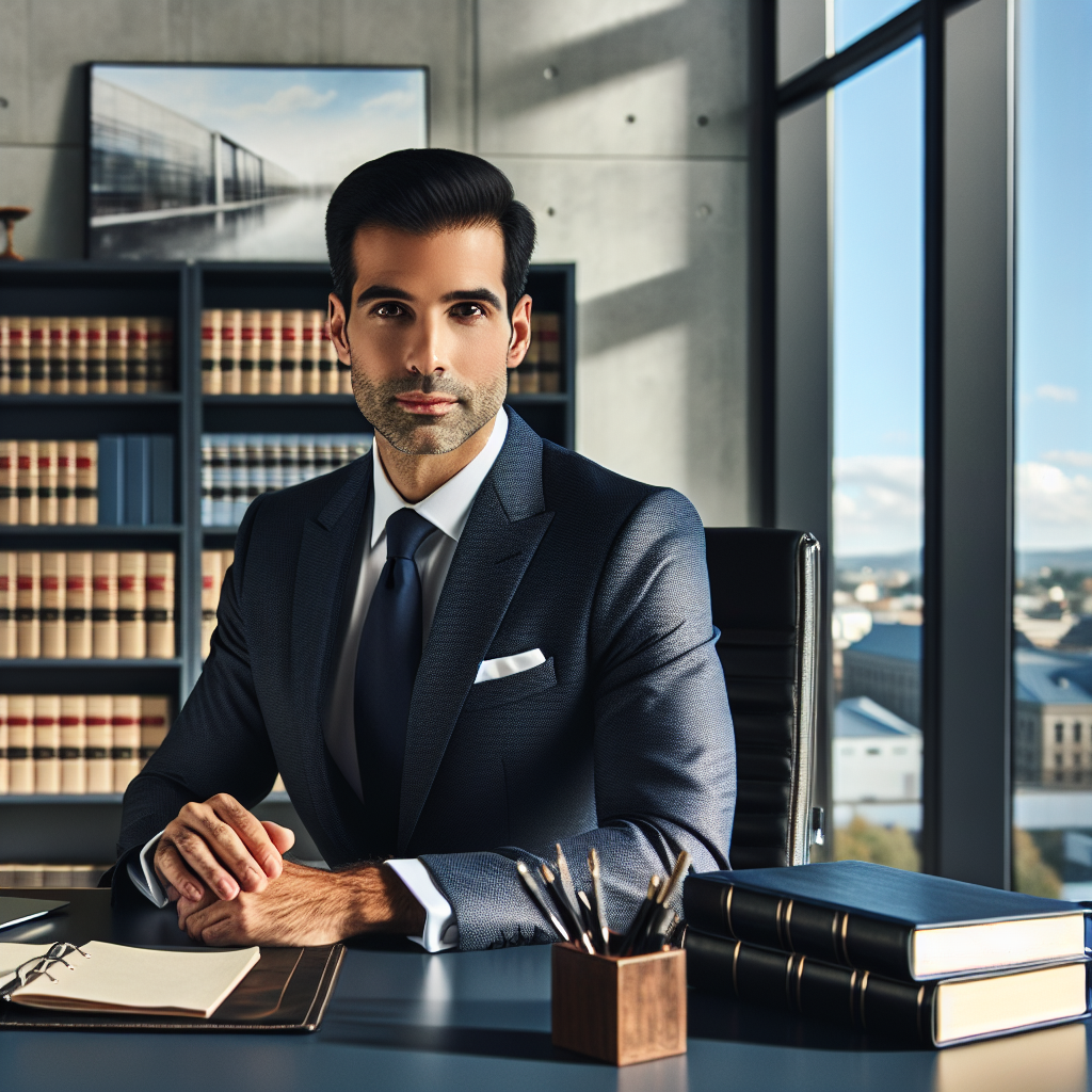 A lawyer in office reviewing immigration law documents.