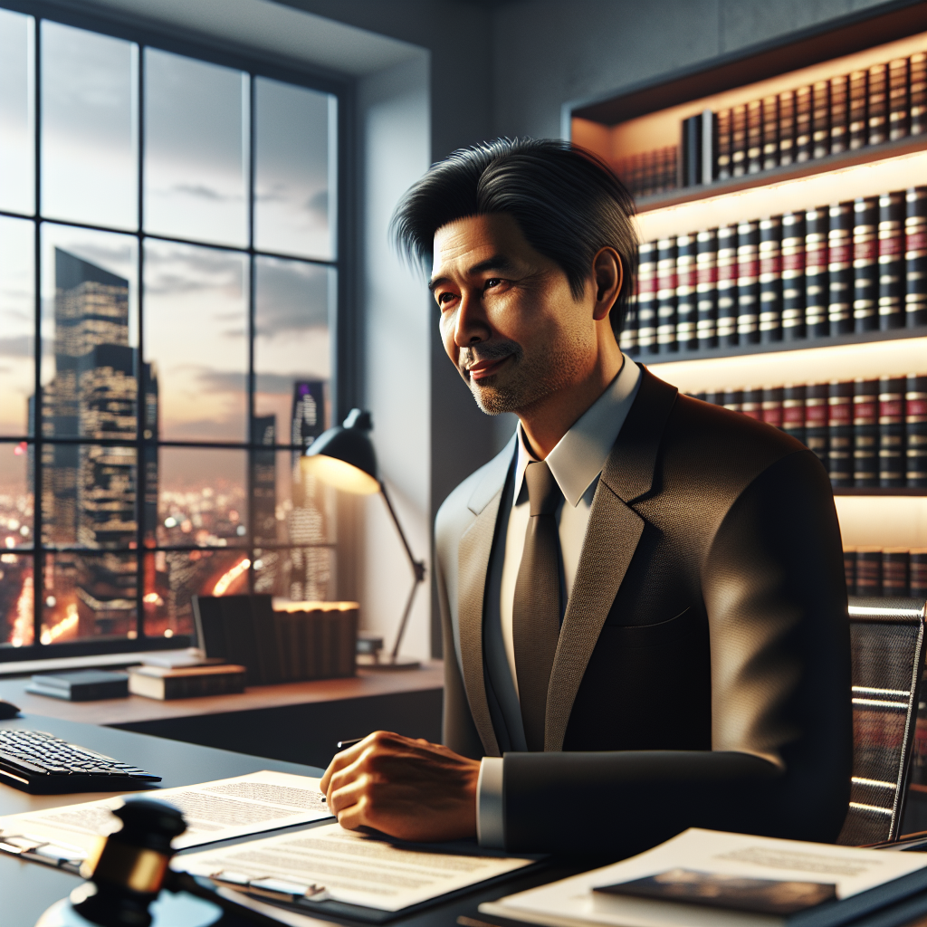 An Israeli immigration lawyer in an office with legal documents and a laptop.