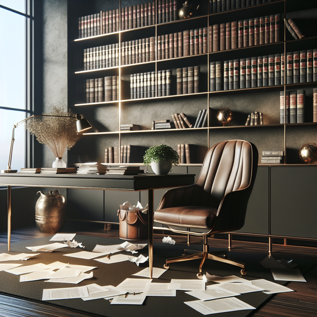 An office interior of a lawyer with a desk, legal documents, and books.