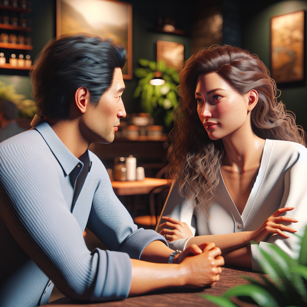 A man and woman sitting together in a café, engaged in conversation.