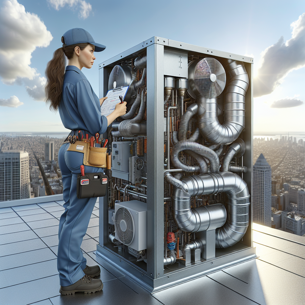 A commercial HVAC technician working on an HVAC unit on a rooftop in Port St. Lucie, FL.