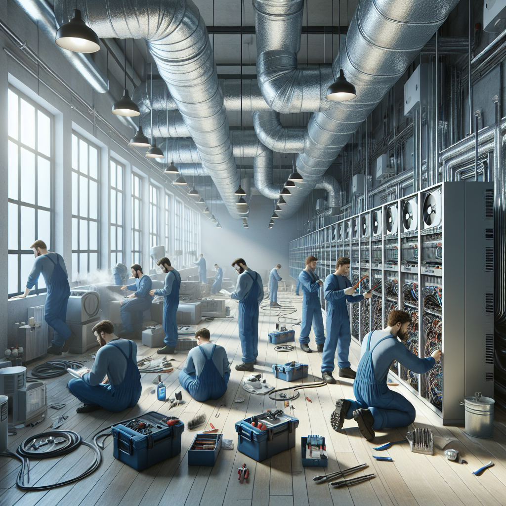 Commercial HVAC technicians working inside a modern commercial building.