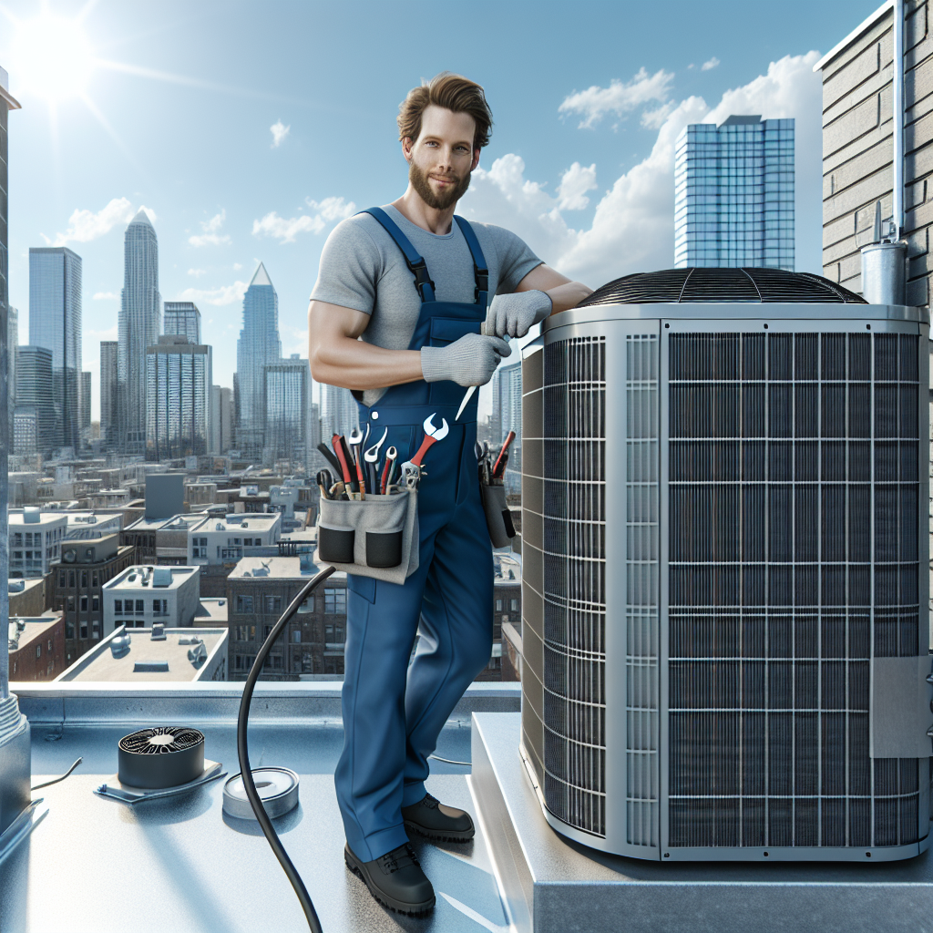 A commercial HVAC technician working on a rooftop air conditioning unit in a bustling city.