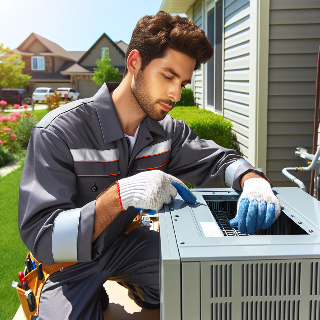 HVAC technician installing a unit near a residential home in sunny weather.