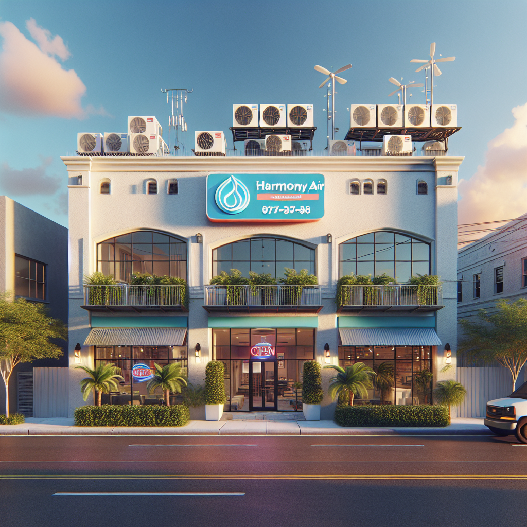 A realistic image of a commercial building in Port St. Lucie, FL, highlighting 'Harmony Air LLC' with HVAC units visible on the roof.