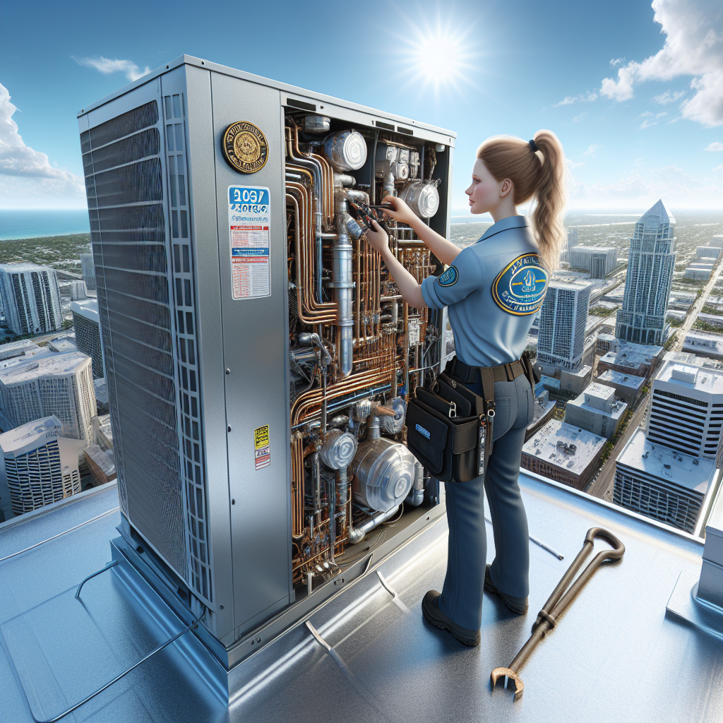 A commercial HVAC technician servicing an HVAC unit on the roof of a business building.