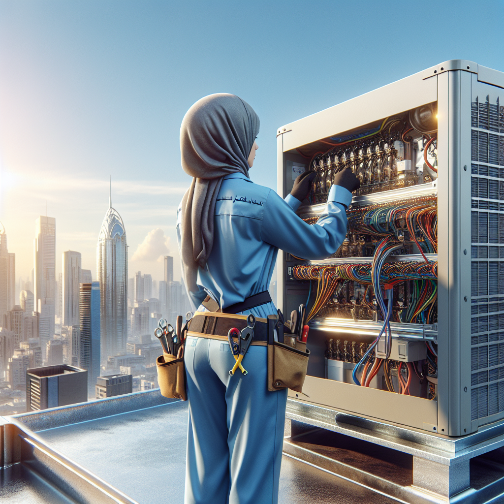 A commercial HVAC technician working on a rooftop air conditioning unit on a sunny day.